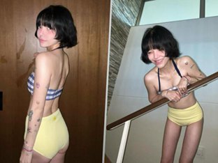 AOA 출신 지민, 슬렌더 몸매에 타투 한 가득…비키니가 '과감해'